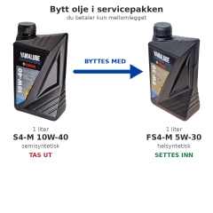 Oljebytte, 1 liter. Fra 10W40 semi-syntetisk til 5W30 helsyntetisk. Yamalube